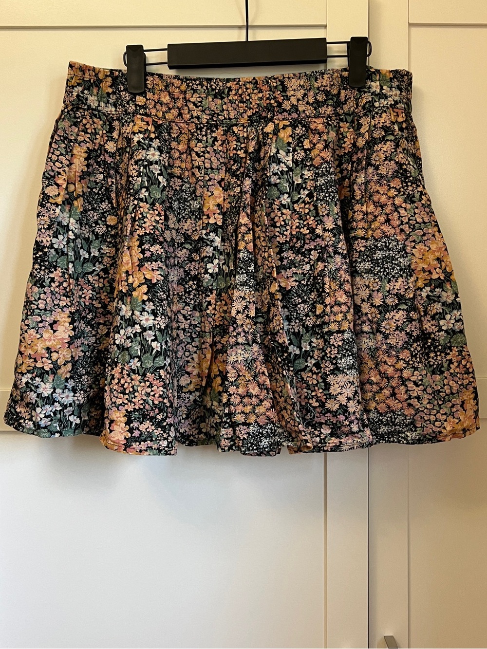 American Eagle Outfitters Black Floral Circle Skirt with Pink & Yellow Blooms